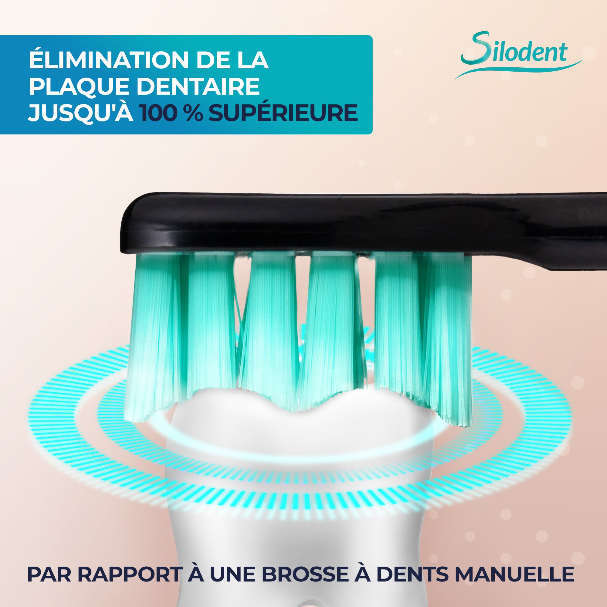 Gros plan sur la tête d'une brosse à dents sonique avec des poils turquoise, simulant des ondes soniques.
