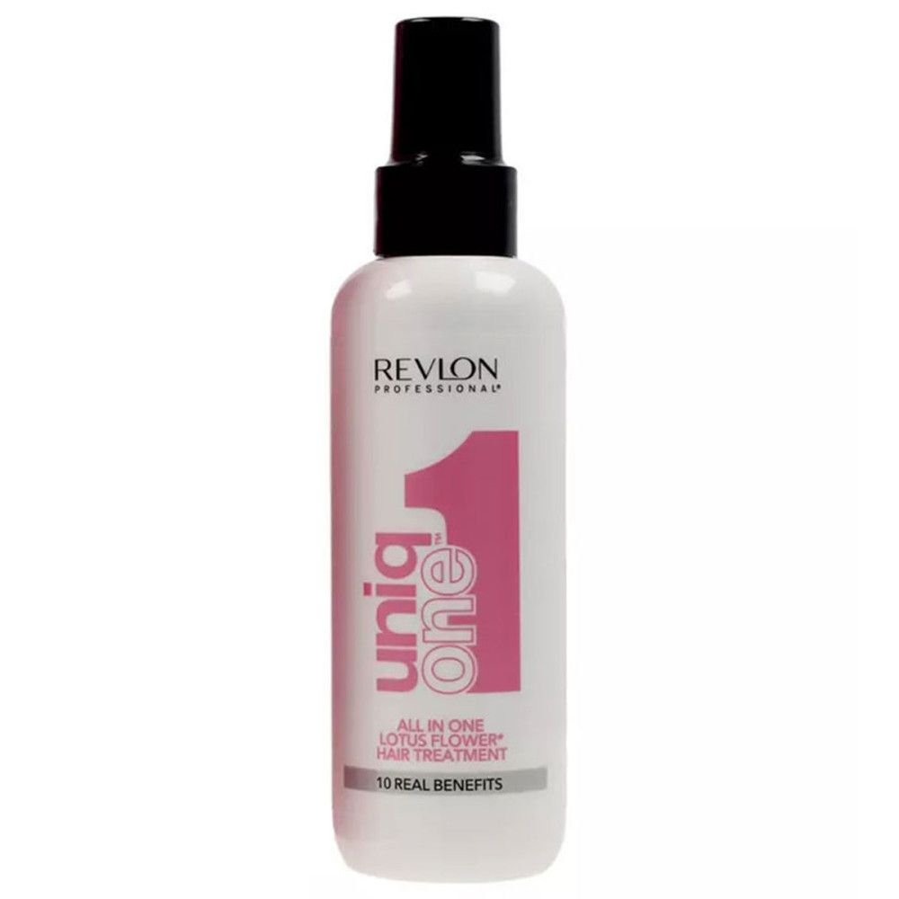 Flacon blanc avec bouchon noir. Logo "1" rose. Texte: Uniq One, All in One Lotus Flower Hair Treatment, 10 Real Benefits.