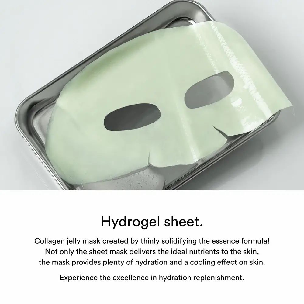 Abib Collagen Gel Mask Heartleaf Jelly sur un plateau métallique.