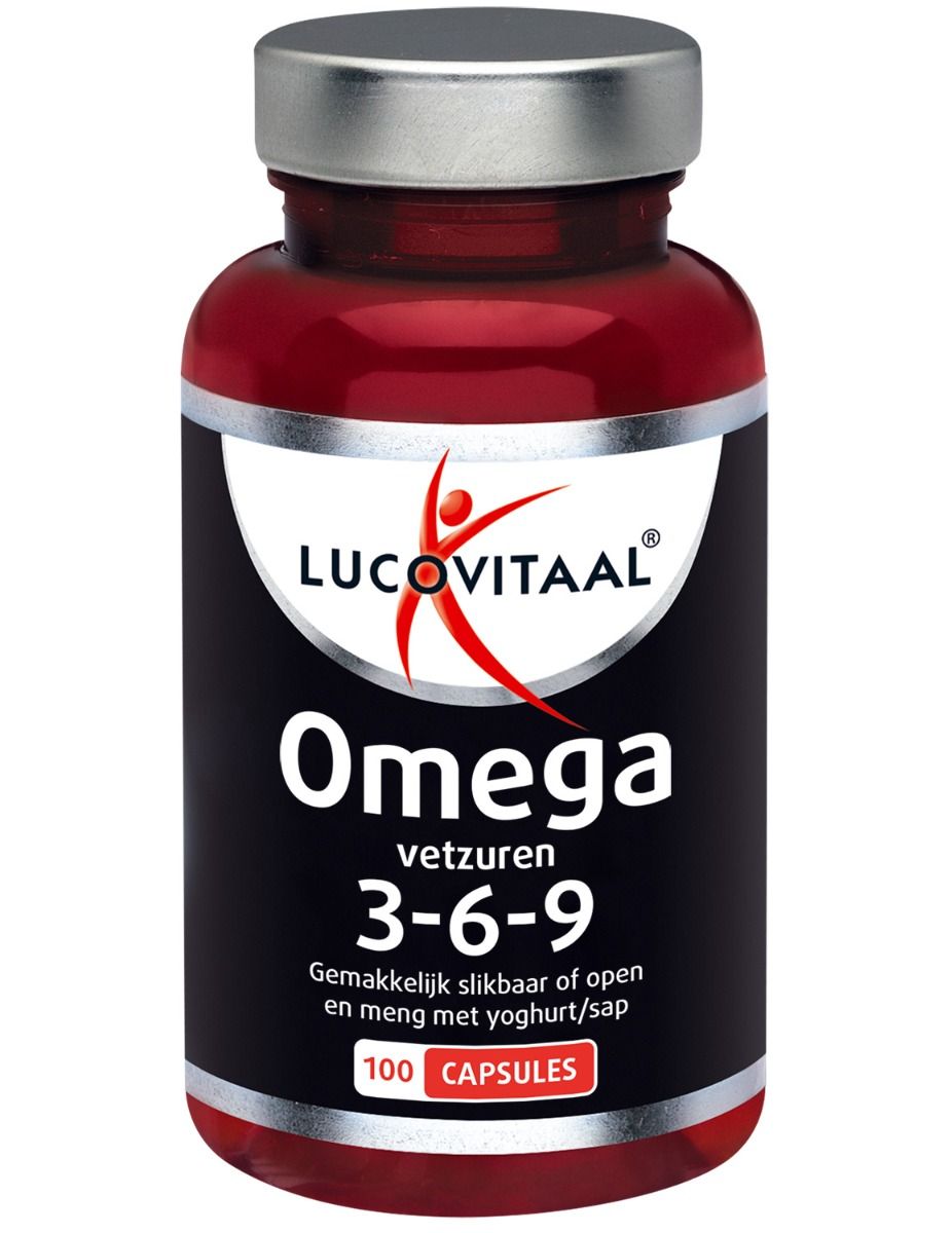 Rode fles met capsules. Opschrift: Lucovitaal Omega 3-6-9. 100 capsules. Zilveren deksel.