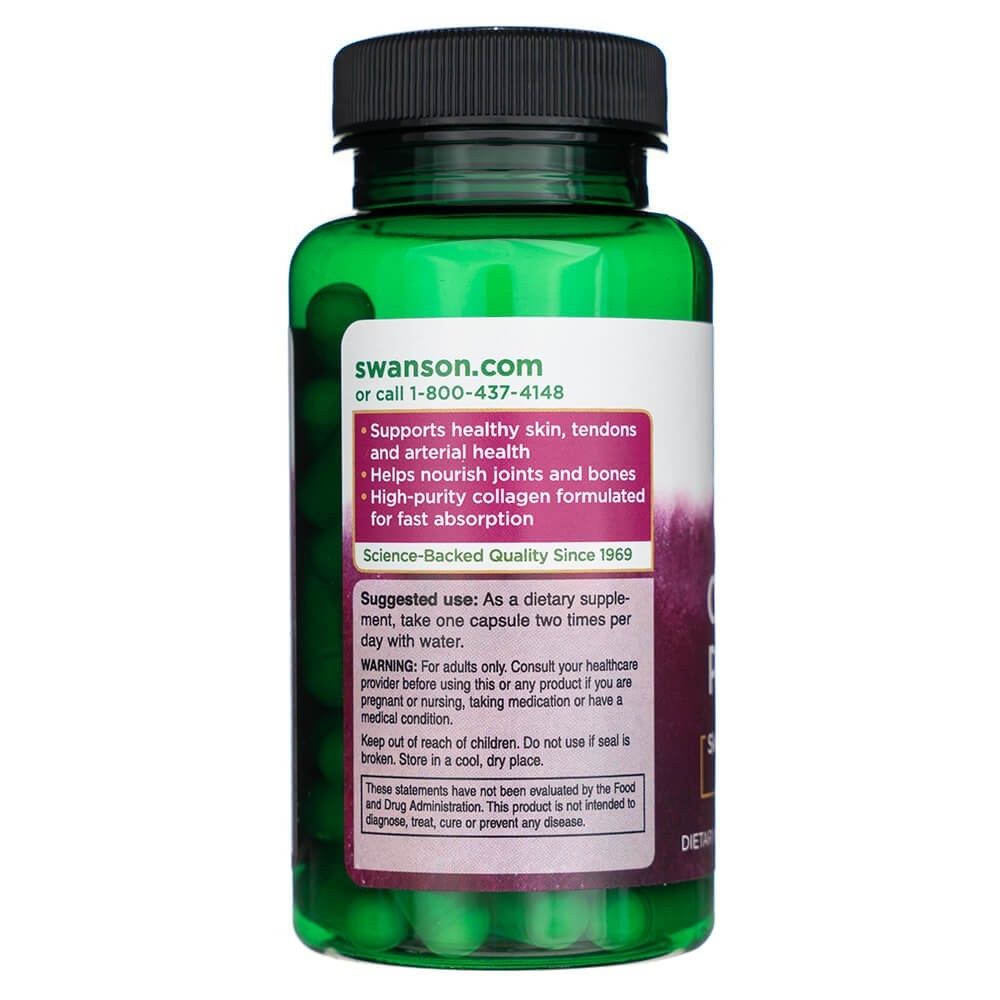 Achterkant van een groene fles SWANSON Marine Collageen Peptiden met gebruiksinstructies.