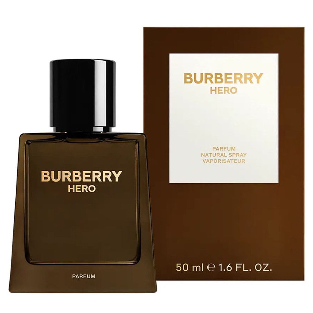 Flacon de parfum Burberry Hero et emballage. Bouteille marron avec bouchon noir, texte doré. Emballage avec logo.