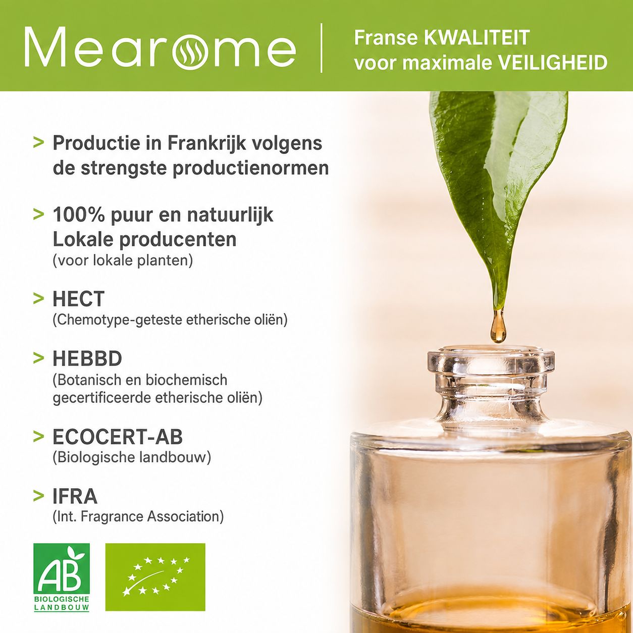 Fles etherische olie, druppel valt eraf, tekst over Franse kwaliteit en keurmerken zoals Ecocert.