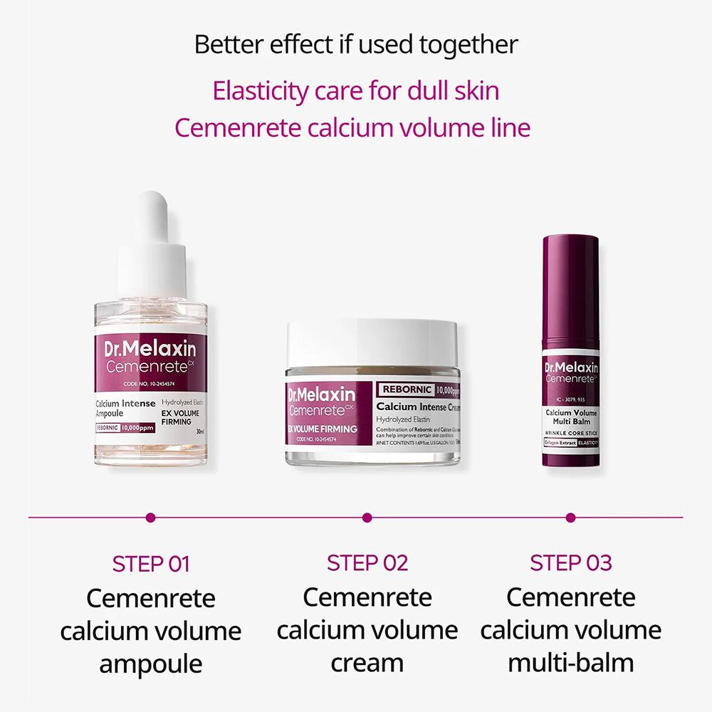 Dr. Melaxin Cemenrete Calcium Volume Ampoule, Crème en Multi-Balsem in een productlijn.