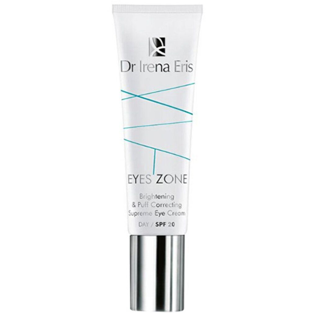 Crèmetube met zilveren dop. Opschrift: Dr Irena Eris, Eyes Zone, Brightening & Puff Correcting Supreme Eye Cream SPF 20.