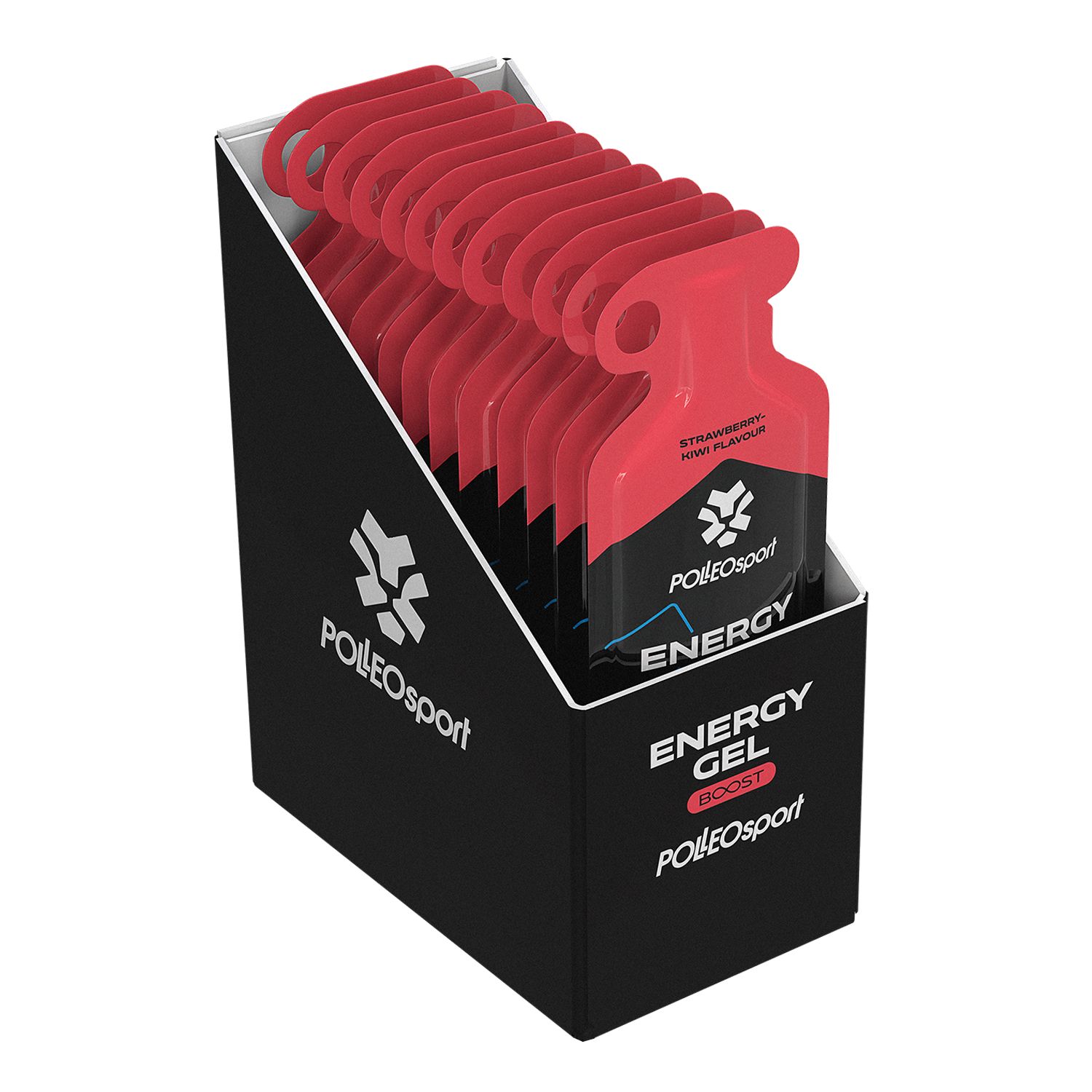 Présentoir de PolleoSport Energy Gel. Boîte noire avec sachets de gel rouges. Logo et nom du produit sur la boîte.