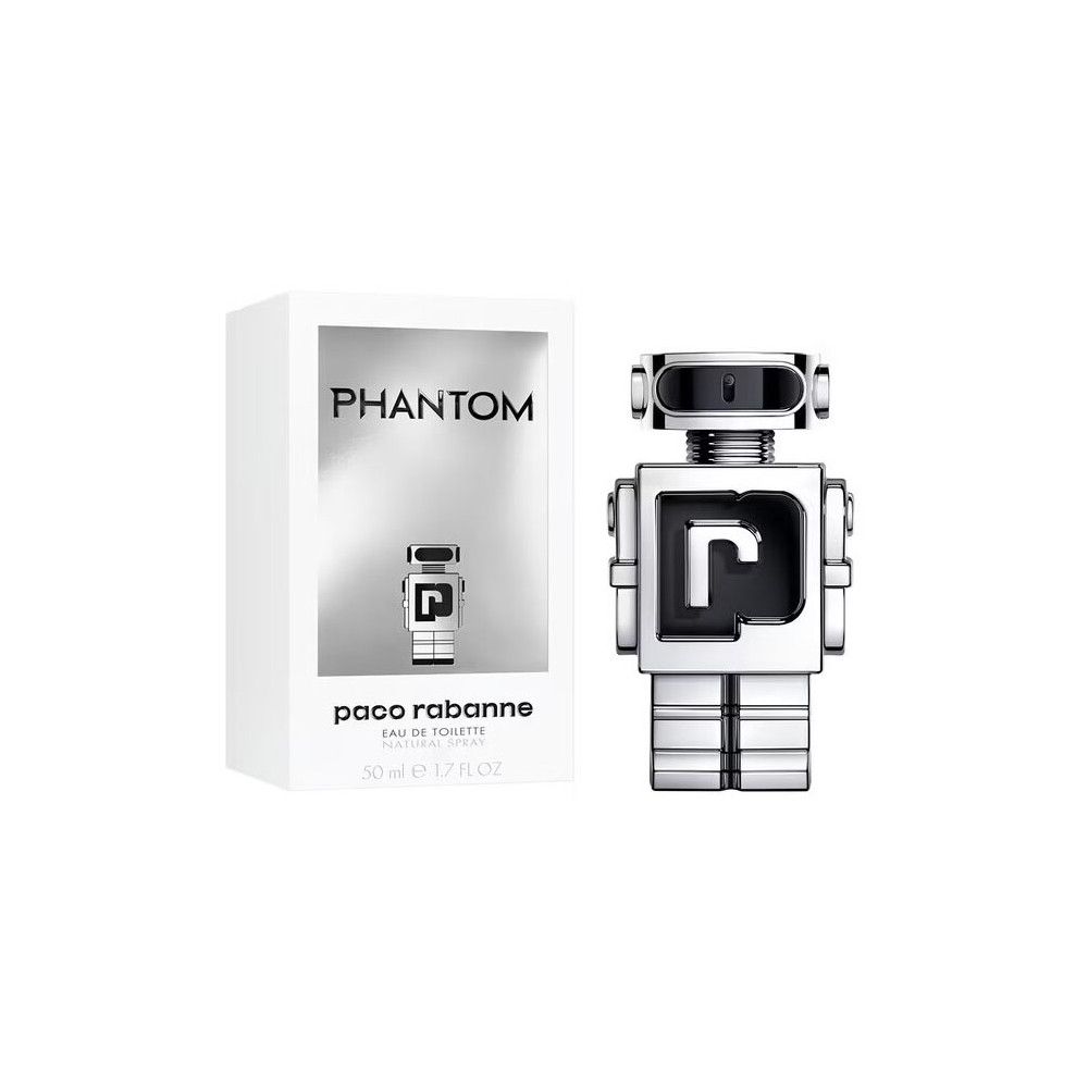 Flacon argenté en forme de robot et emballage. Inscription "Phantom" et "paco rabanne".