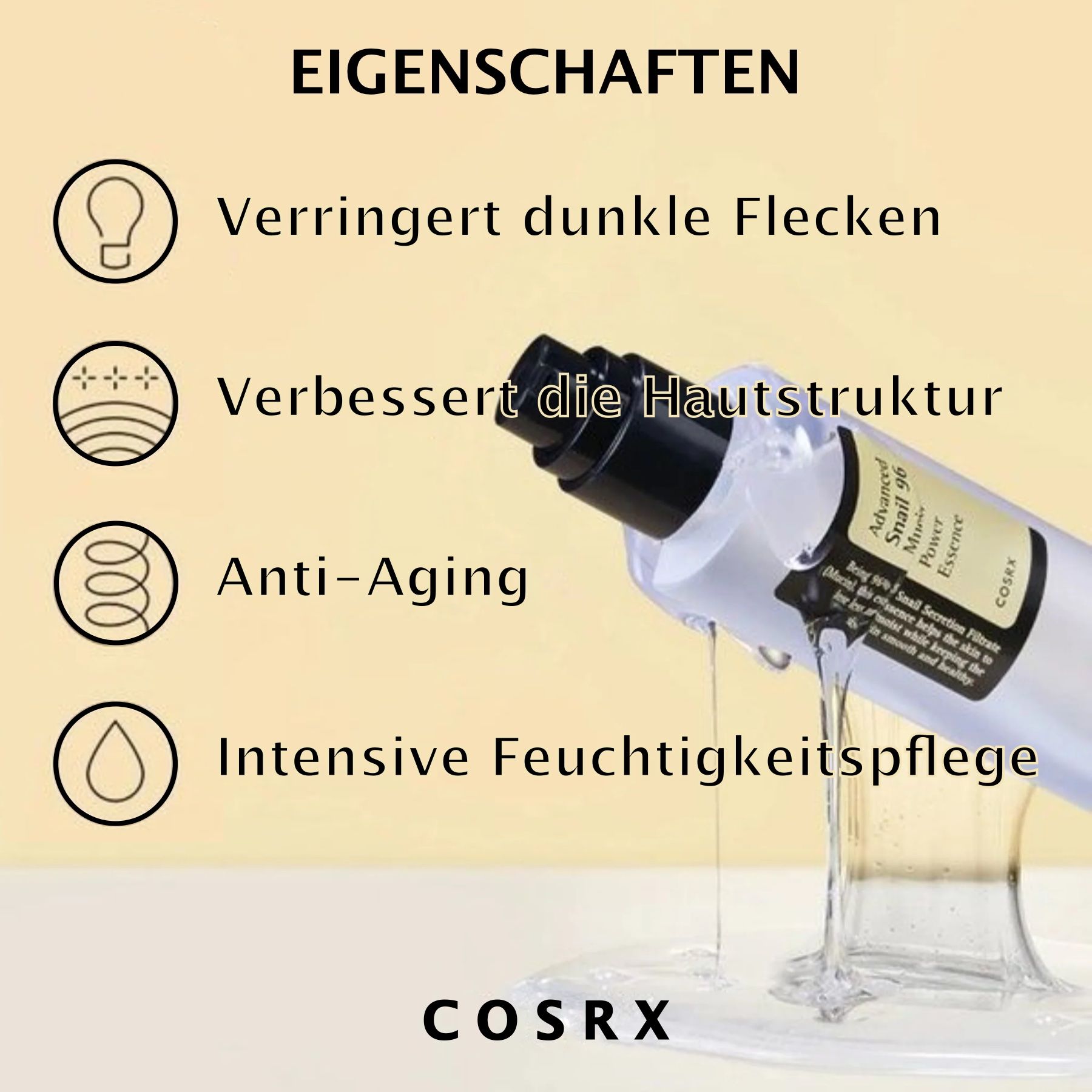 COSRX Advanced Snail 96 Mucin Power Essence. Druppels stromen uit de fles. Eigenschappen: Vermindert donkere vlekken, verbetert huidtextuur, anti-aging, intensieve hydratatie.
