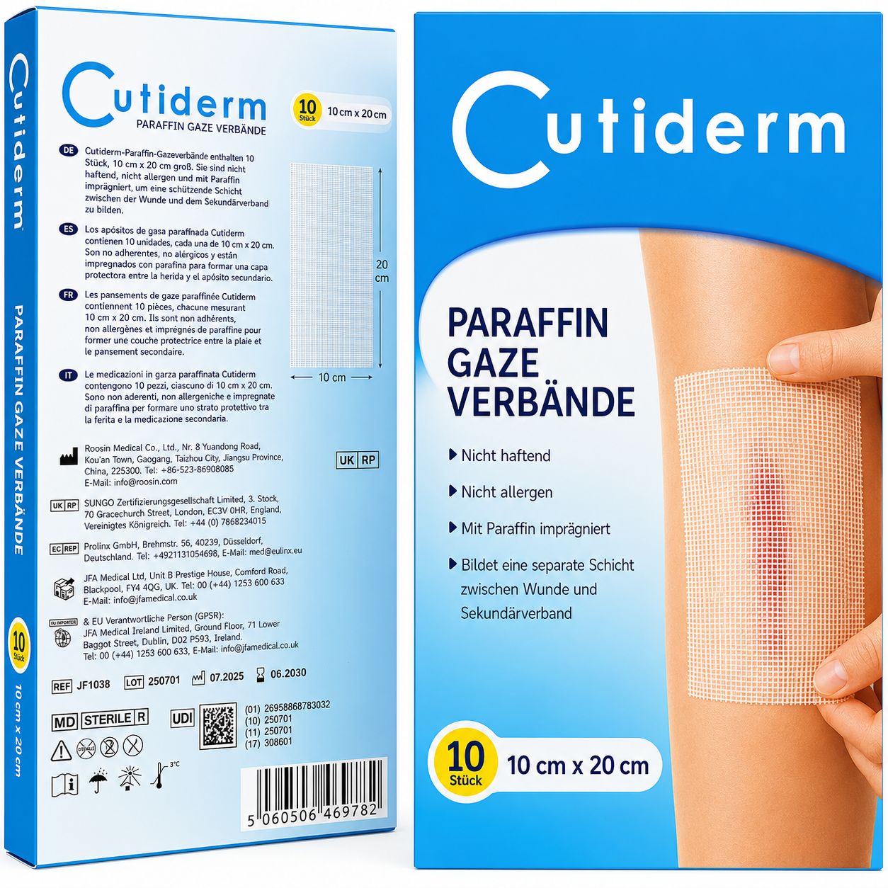 Cutiderm paraffine gaasverbanden, 10 stuks, 10 cm x 20 cm.