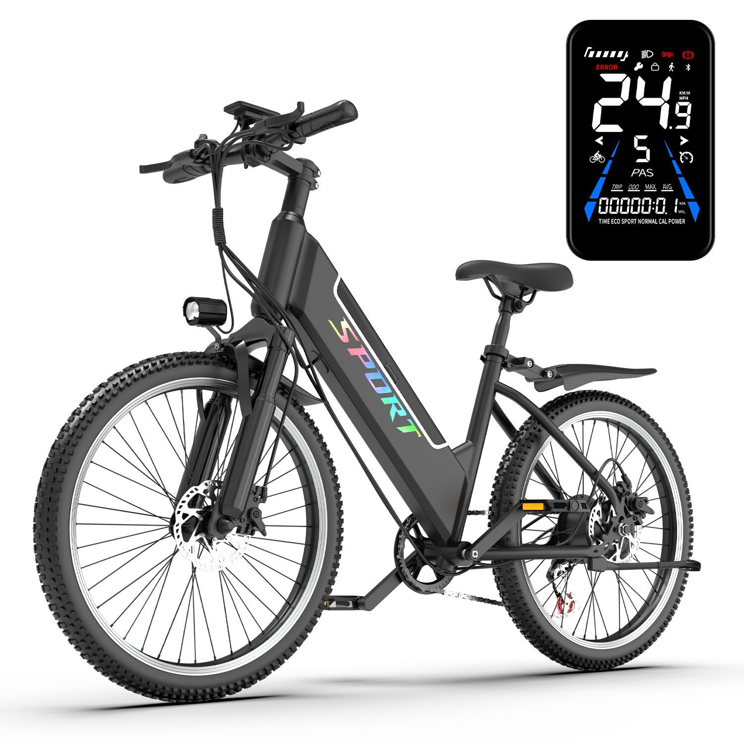 Vélo électrique noir avec écran numérique. Affiche vitesse, batterie et autres informations. Pneus à profil.