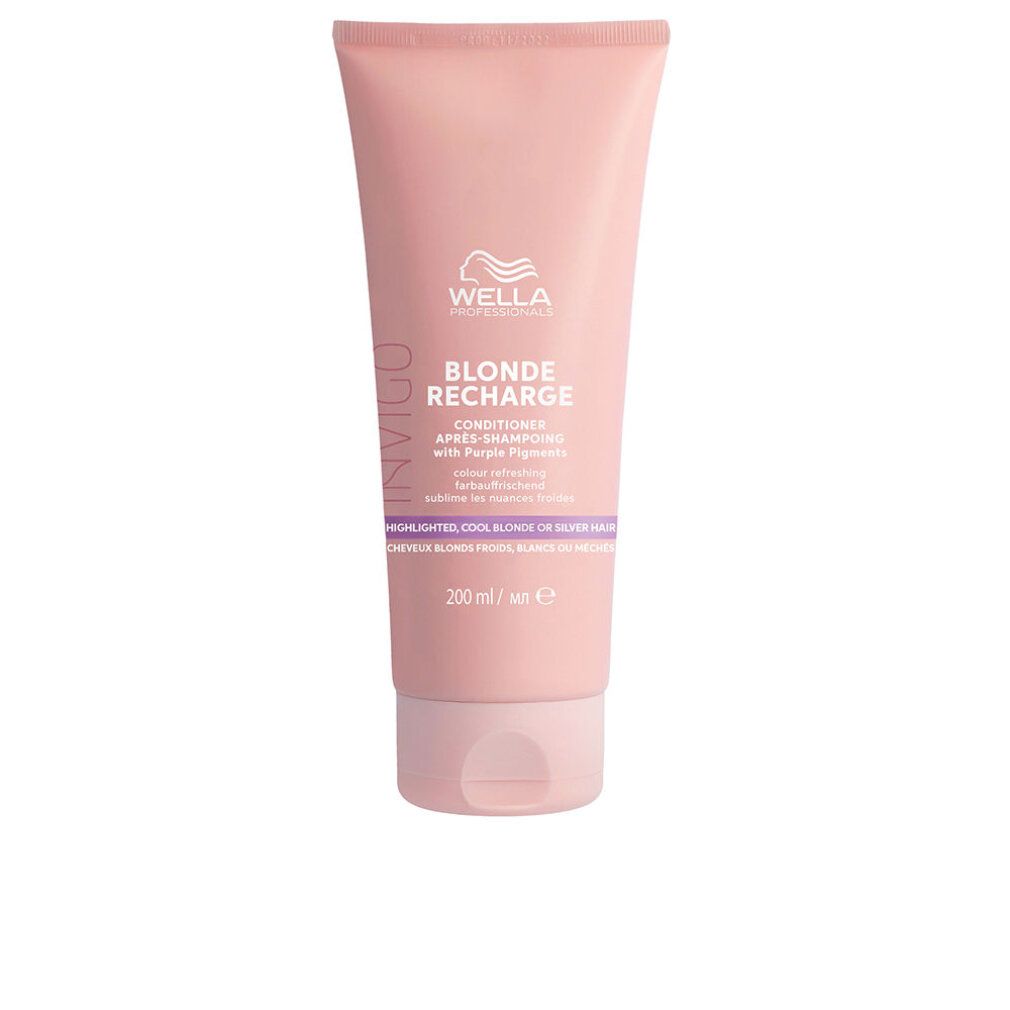 Roze tube Wella Invigo Blonde Recharge. Tekst: Conditioner, met paarse pigmenten. 200 ml.