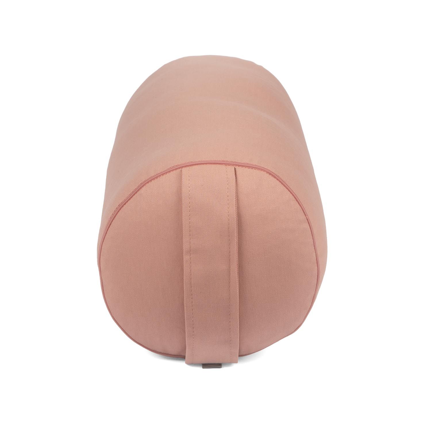 Roze yogabolster, cilindrisch. Met draaglus. Gemaakt van stof.