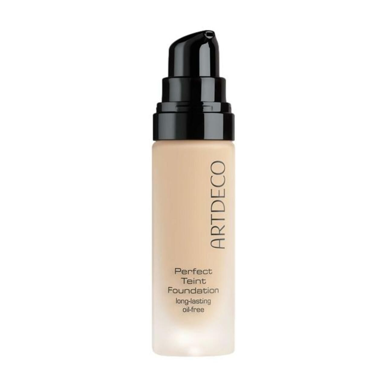 Artdeco Perfect Teint Foundation fles met zwarte pomp. Opschrift: Perfect Teint Foundation, long-lasting oil-free.