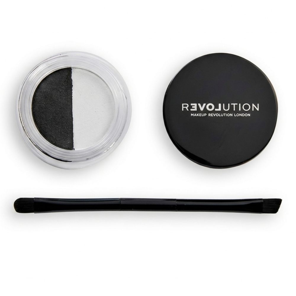 Duo eyeliner met zwart en wit, zwarte deksel met logo, penseel. Open potje met gesplitste kleur.