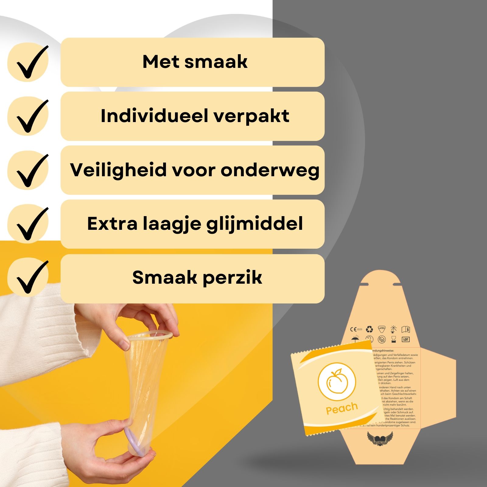 Condo verpakking en condo. Tekst: Met perziksmaak. Logo: Lovelyness. Individueel verpakt.