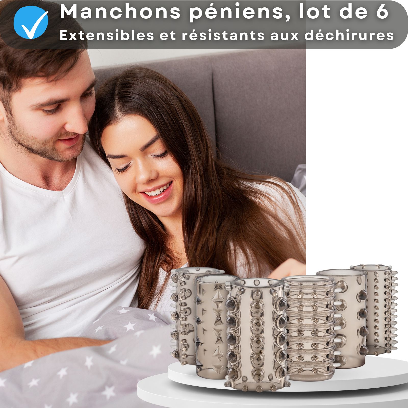 Image produit avec texte : Manchons péniens, lot de 6, très extensibles et résistants.