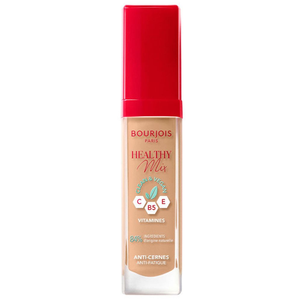 Correcteur Bourjois Healthy Mix, beige. Flacon avec bouchon rouge. Étiquette du produit.