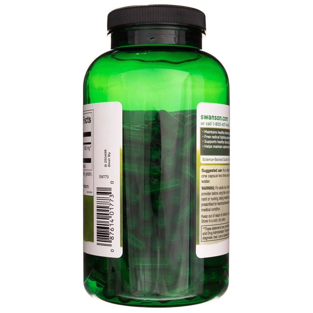 Bouteille verte de gélules de baie d'aubépine Swanson, arrière avec code-barres et informations produit.