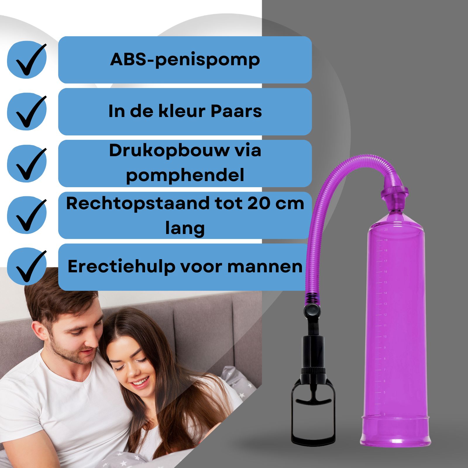 Paarse penis pomp met pomphendel en slang. Cilinder met schaalverdeling. Zwarte handgreep. Koppel in bed.