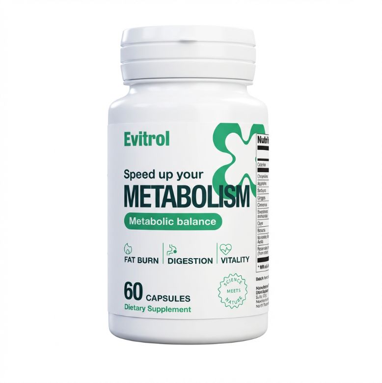 Witte fles met capsules. Opschrift: Evitrol, METABOLISM, 60 capsules. Groen-witte afbeelding. Voedingssupplement.
