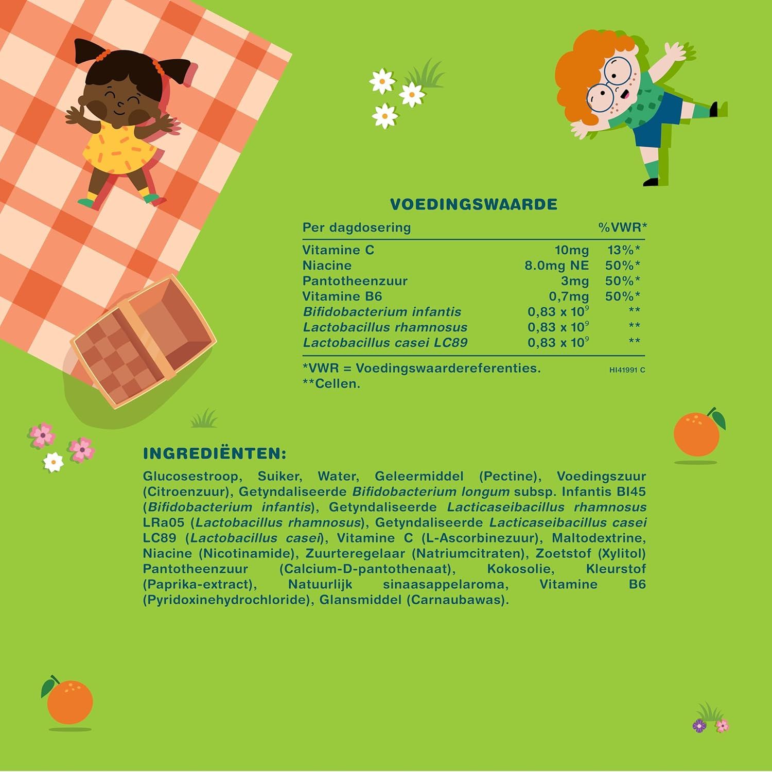 Voedingswaarde en ingrediëntenlijst met vitamines en bacterieculturen, geïllustreerd met kinderen en sinaasappels.