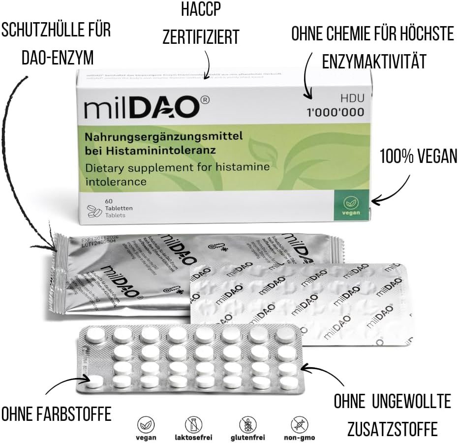Emballage de comprimés milDAO. Blisters et sachet. Texte: Complément alimentaire pour l'intolérance à l'histamine.