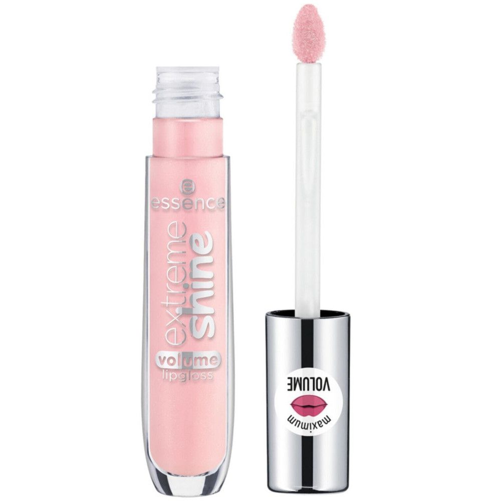 Lipgloss tube met open dop en applicator. Roze inhoud. Opschrift: Extreme Shine, Volume Lipgloss. Sticker: Maximum.