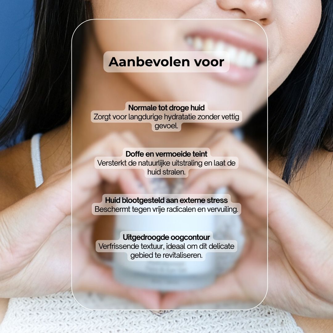 Vrouw houdt handen om product. Tekst over gebruik en huid.
