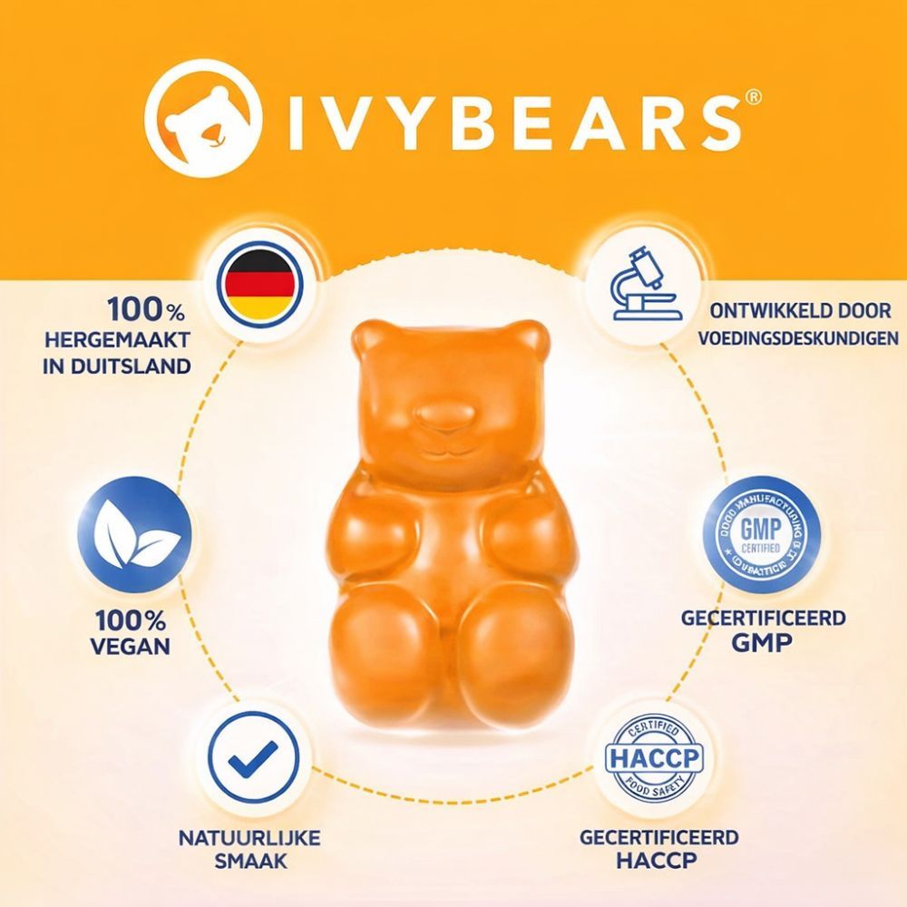 Oranje gummybeer, omringd door cirkelvormige elementen. Tekst: 100% gemaakt in Duitsland, 100% vegan, natuurlijke smaak, GMP- en HACCP-gecertificeerd.