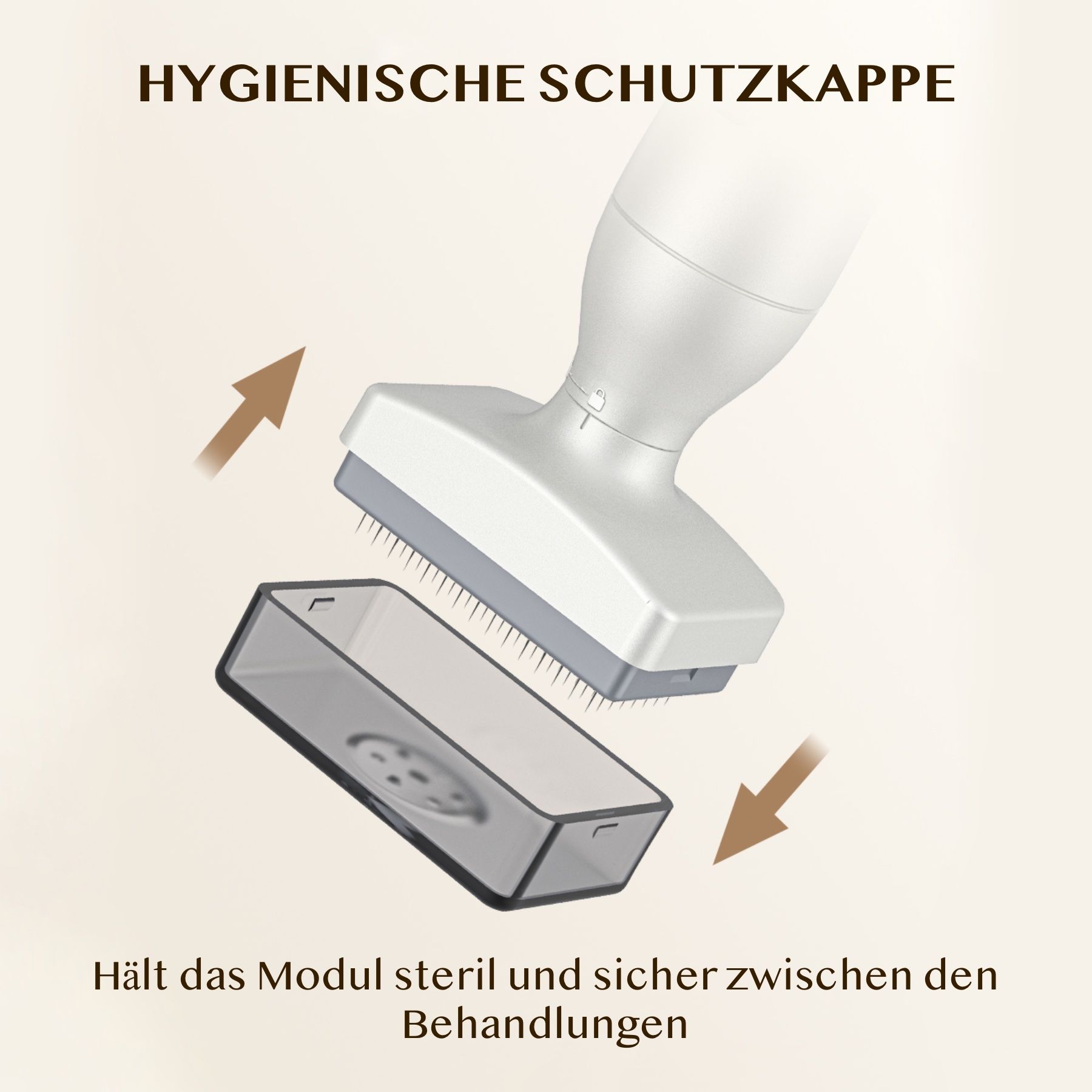 BioPen met opzetstuk en hygiënische beschermkap. Kap wordt geplaatst. Pijlen geven de richting aan. Module steriel houden.