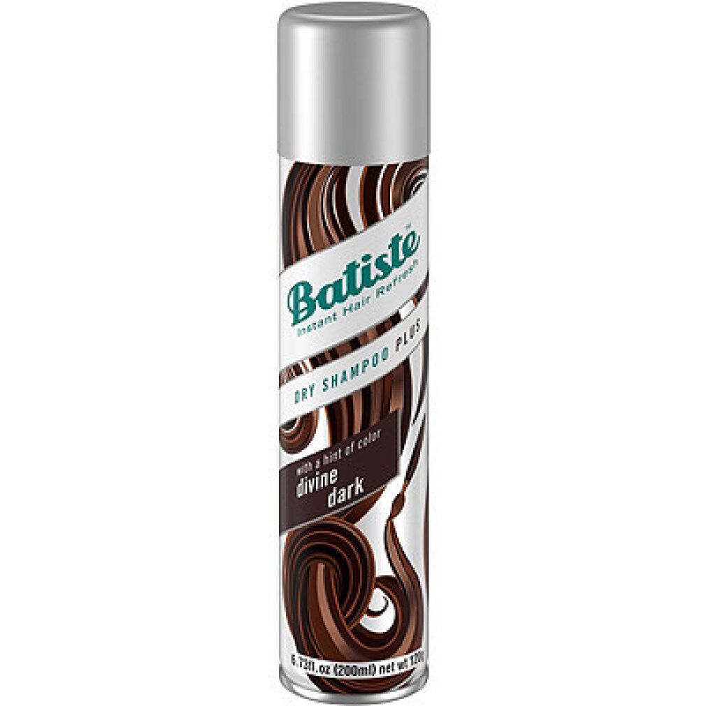 Batiste Dry Shampoo Plus Divine Dark. Bus met bruine krullen en tekst. Zilveren dop.