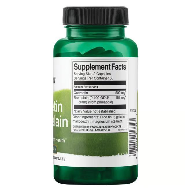 Flacon vert avec bouchon noir. Dos avec informations nutritionnelles: Quercétine, Bromélaïne.