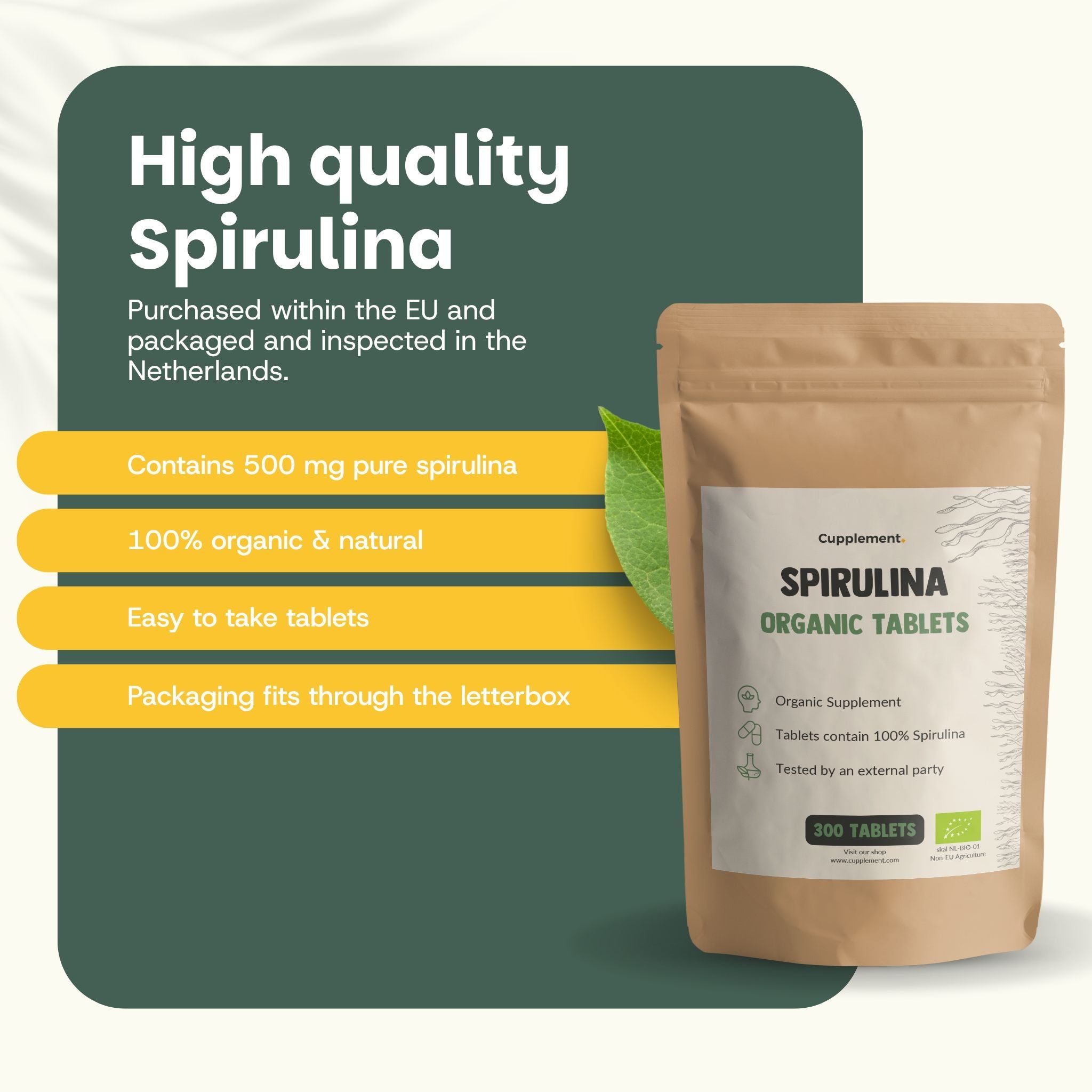 Sachet brun de comprimés de spiruline. Texte : Cupplement, Spirulina Organic Tablets, 300 comprimés. Contient 500 mg de spiruline pure.