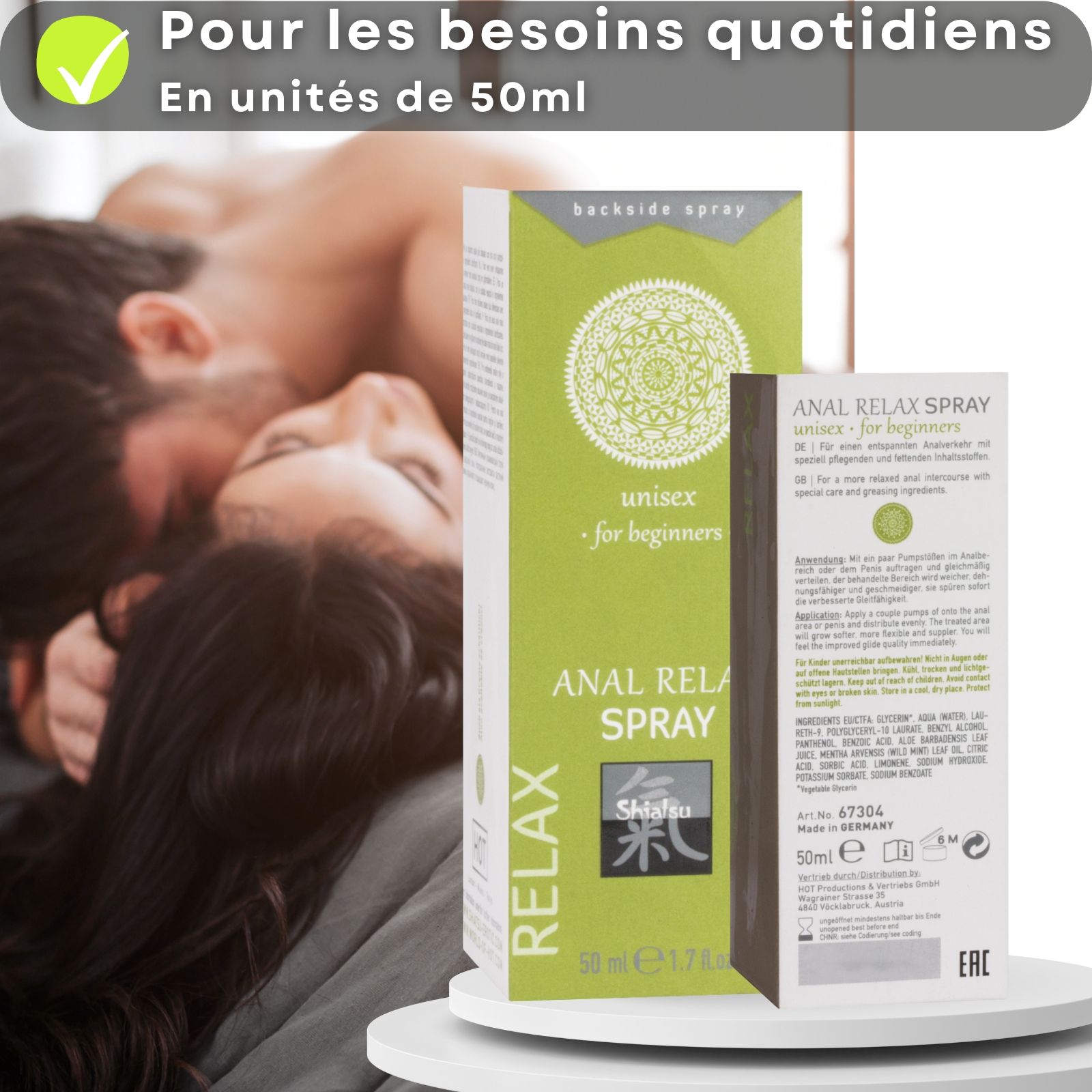 Produit et couple. Emballage avec texte. ANAL RELAX SPRAY, unisex, Shiatsu. 50 ml.
