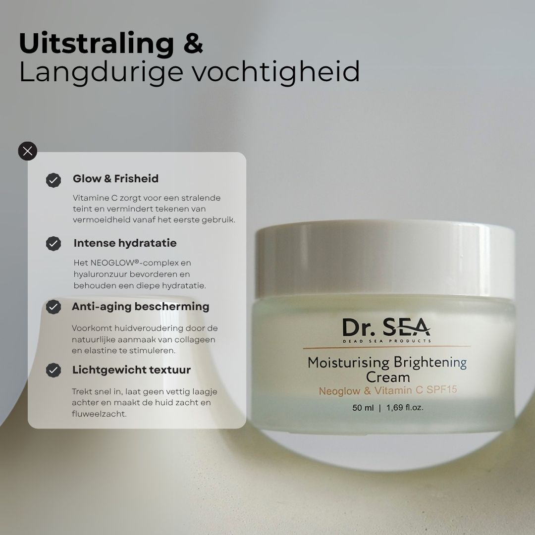 Crèmepot met tekst. Tekst: Uitstraling & Langdurige vochtigheid. Dr. SEA, Moisturising Brightening Cream.