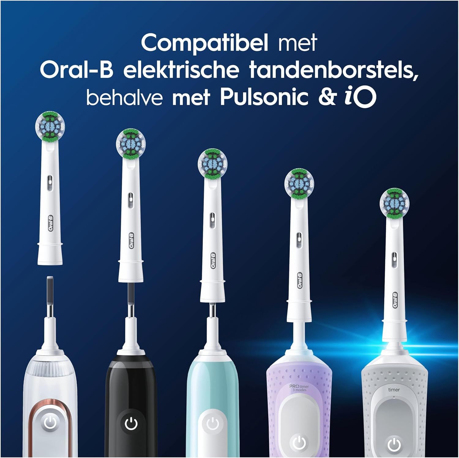 Vijf witte opzetborstels met groene borstelringen, compatibel met diverse Oral-B elektrische tandenborstels.