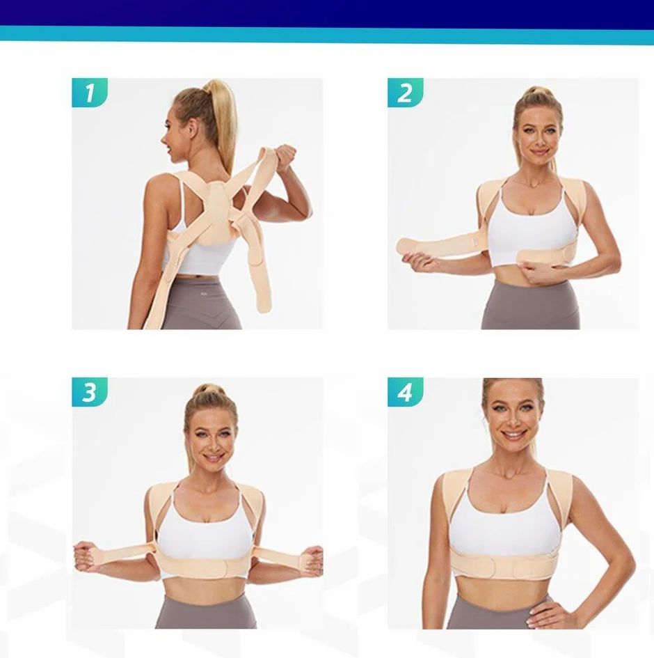 Quatre images montrent l'application d'une ceinture dorsale beige. Femme démontrant l'utilisation. Bretelles et sangles réglables.
