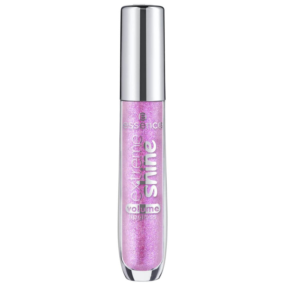 Lipgloss tube met zilveren dop. De lipgloss is roze met glitter. Op de tube staat "essence extreme shine volume lipgloss".