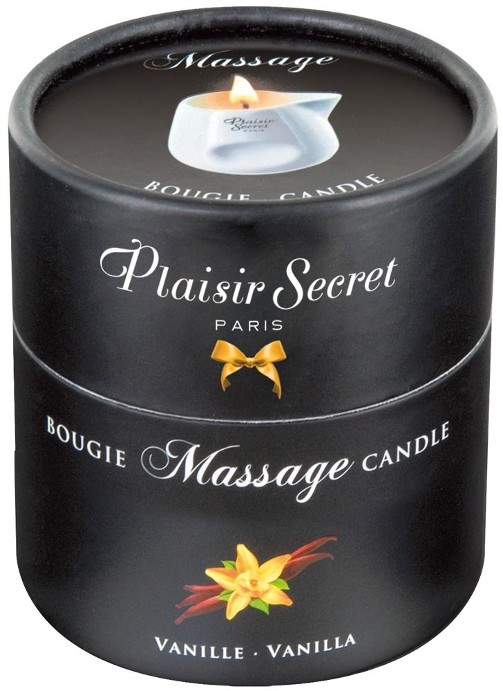Zwarte cilindrische verpakking. Opschrift "Plaisir Secret PARIS". Bovenkant "Massage Bougie Candle". Onderkant "Vanille".