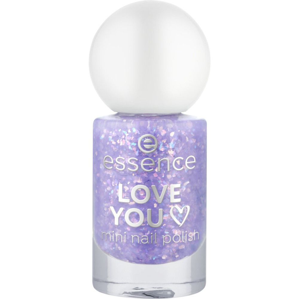 Essence mini nagellak, paars met glitter. Opschrift Love You. Flesje met witte dop.