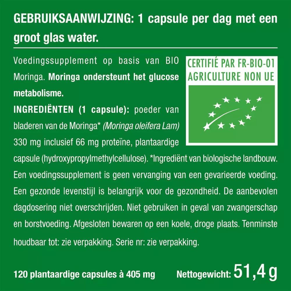 Gebruiksaanwijzing: 1 capsule per dag met water. Ingrediënten, gewicht, certificering.