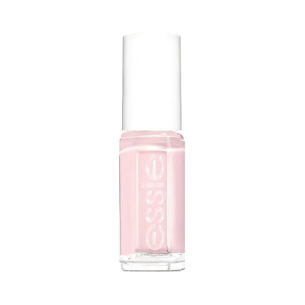 Petite bouteille de vernis à ongles rose avec bouchon blanc. Inscription 'essie'.