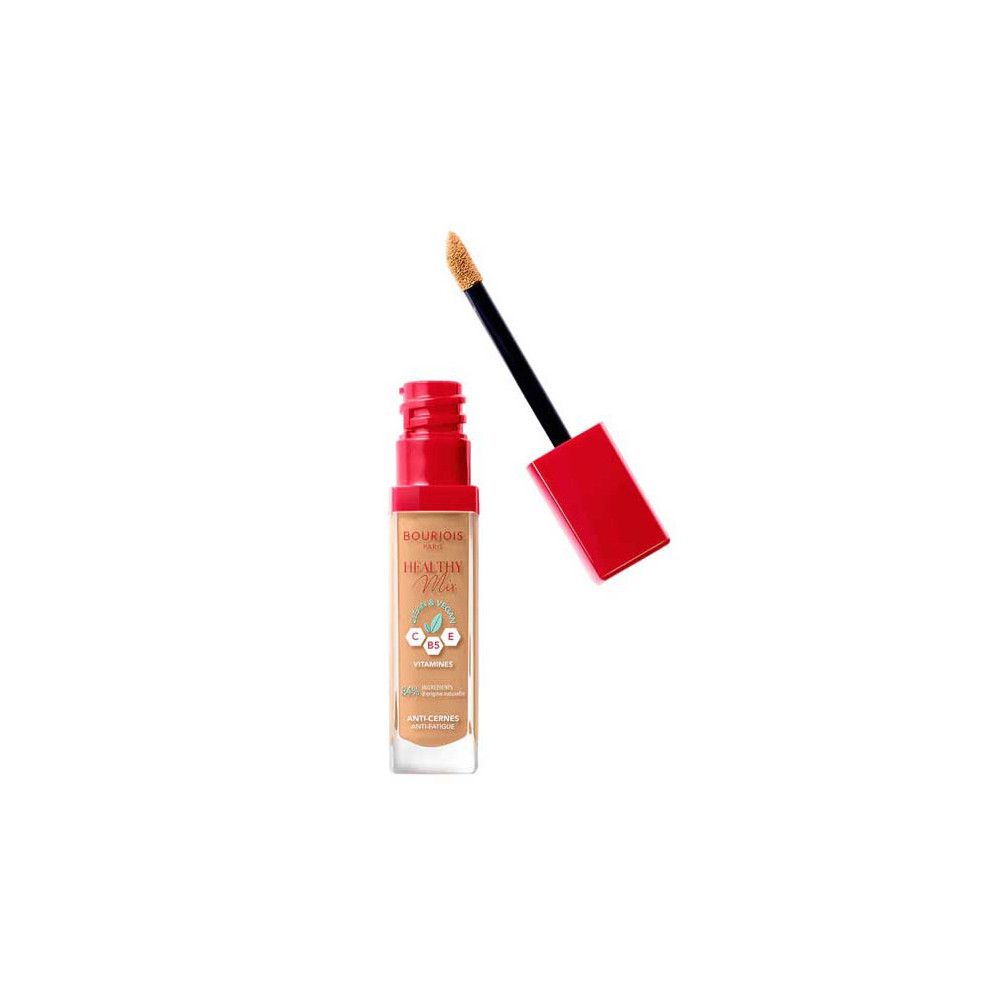 Flacon de correcteur avec bouchon rouge et applicateur. Inscription: Bourjois Healthy Mix Vitamines. Teinte: 54-Sun Bronze.