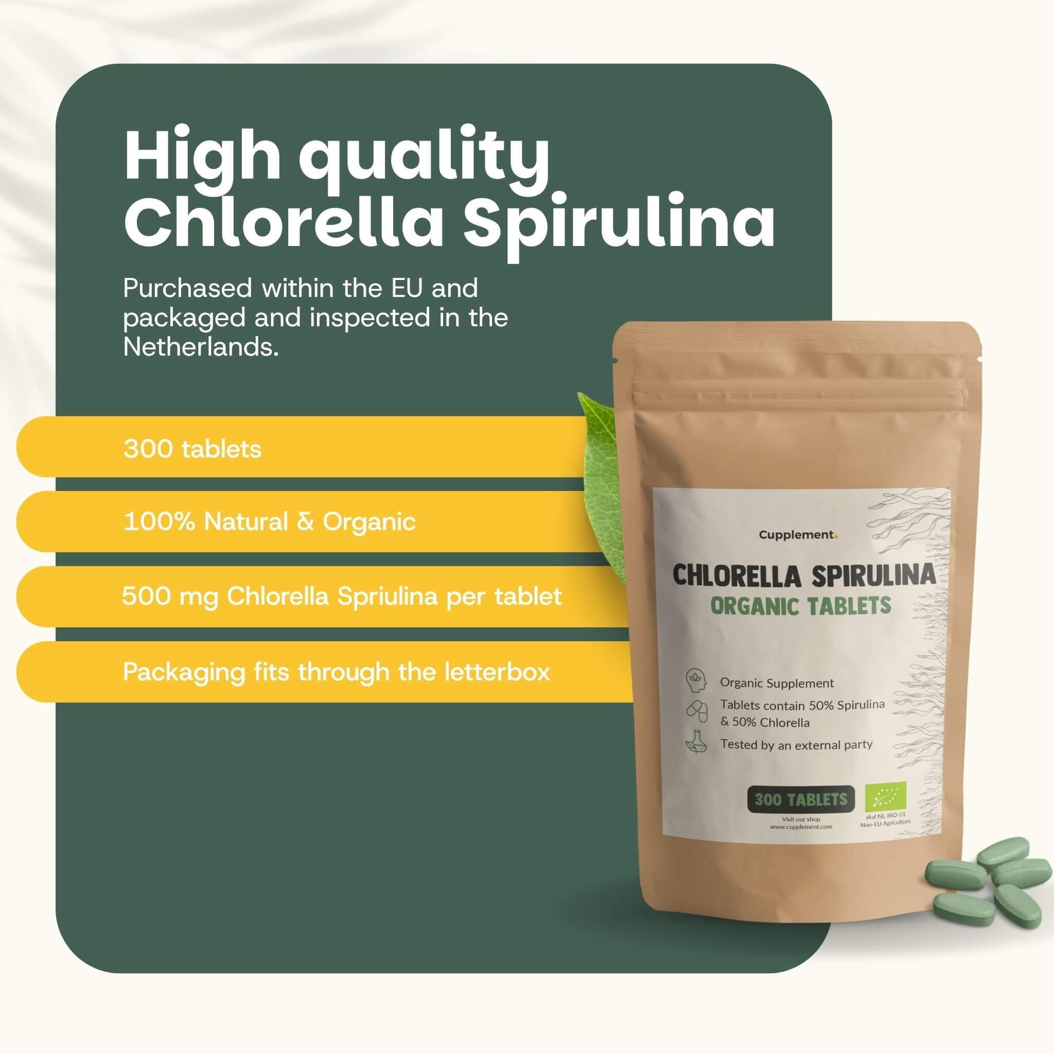 Sachet de comprimés. Texte : Chlorella Spirulina Organic Tablets. 300 comprimés. 100% naturel & bio. Label BIO.