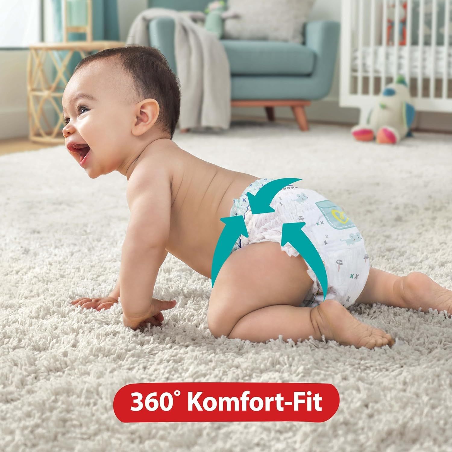 Bébé à quatre pattes, portant des Pampers Pants. Flèches bleues pointant vers le Pants. Inscription : 360° Komfort-Fit.