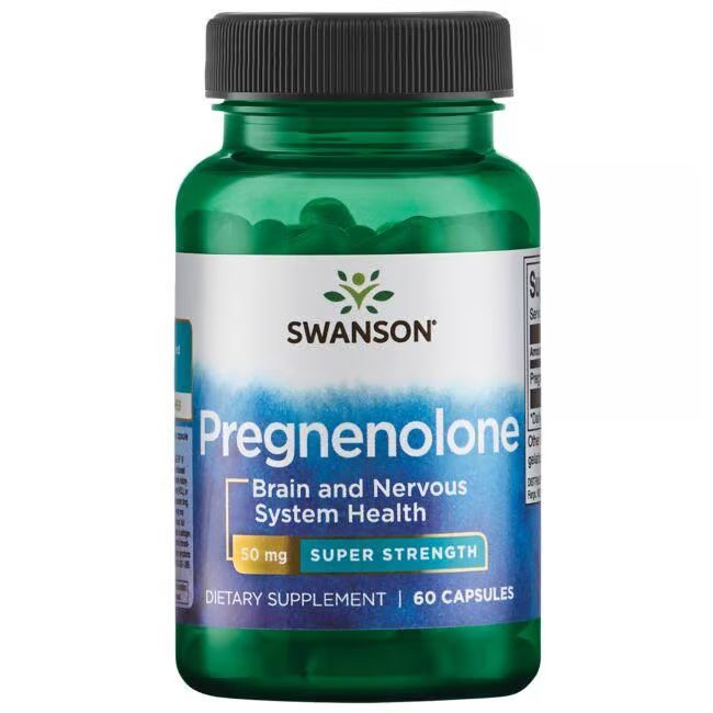 Flacon vert de Swanson Pregnenolone 50 mg. Bouchon noir, étiquette blanche et bleue. 60 gélules.