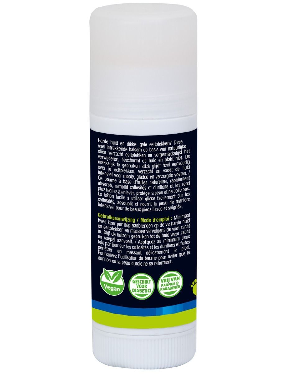 Achterkant van de stick. Zwart etiket met witte teksten. Bevat gebruiksaanwijzing en certificeringen. Vegan-logo.