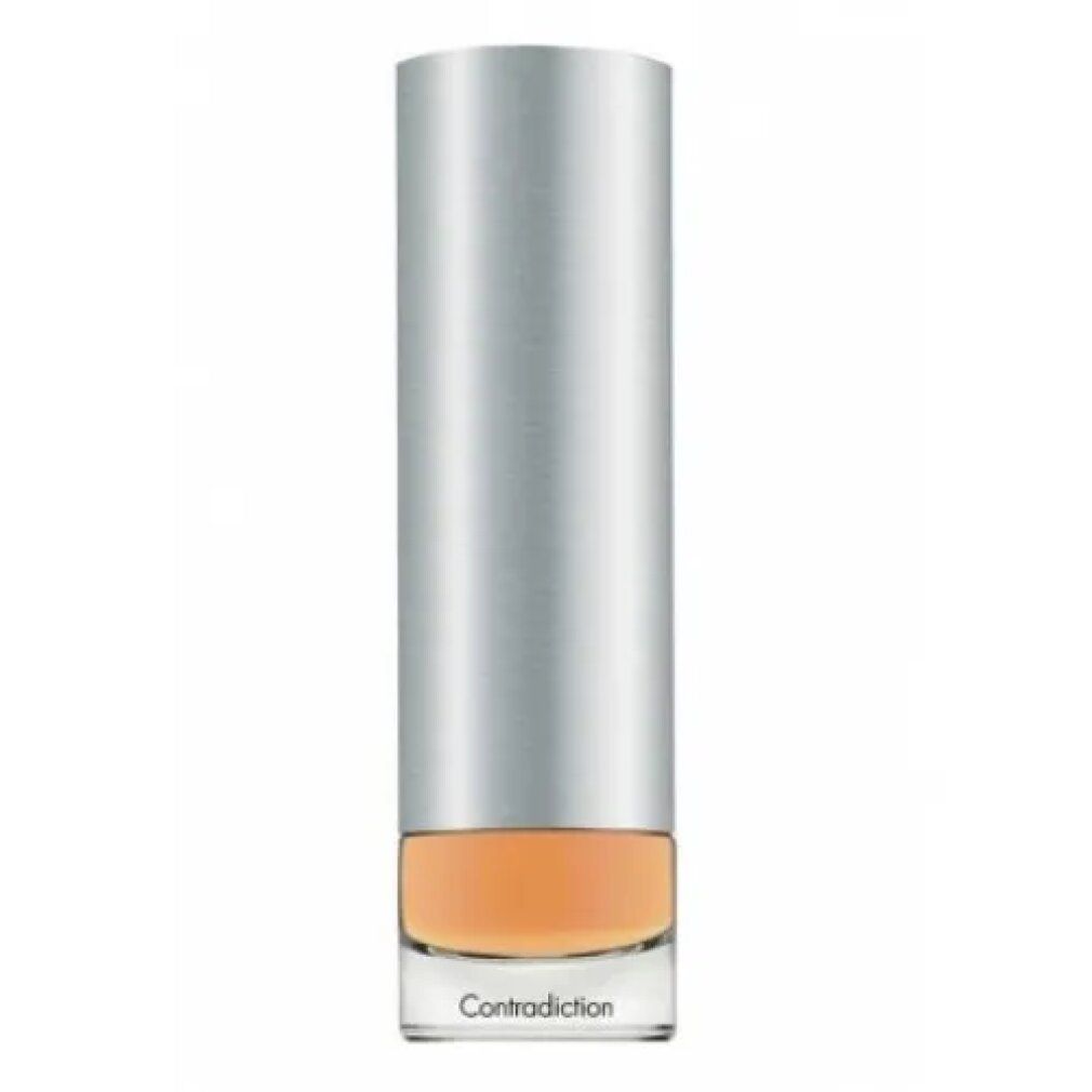 Cilindrische fles Contradiction. Zilveren dop, transparante body met oranje vloeistof. Productnaam onderaan.
