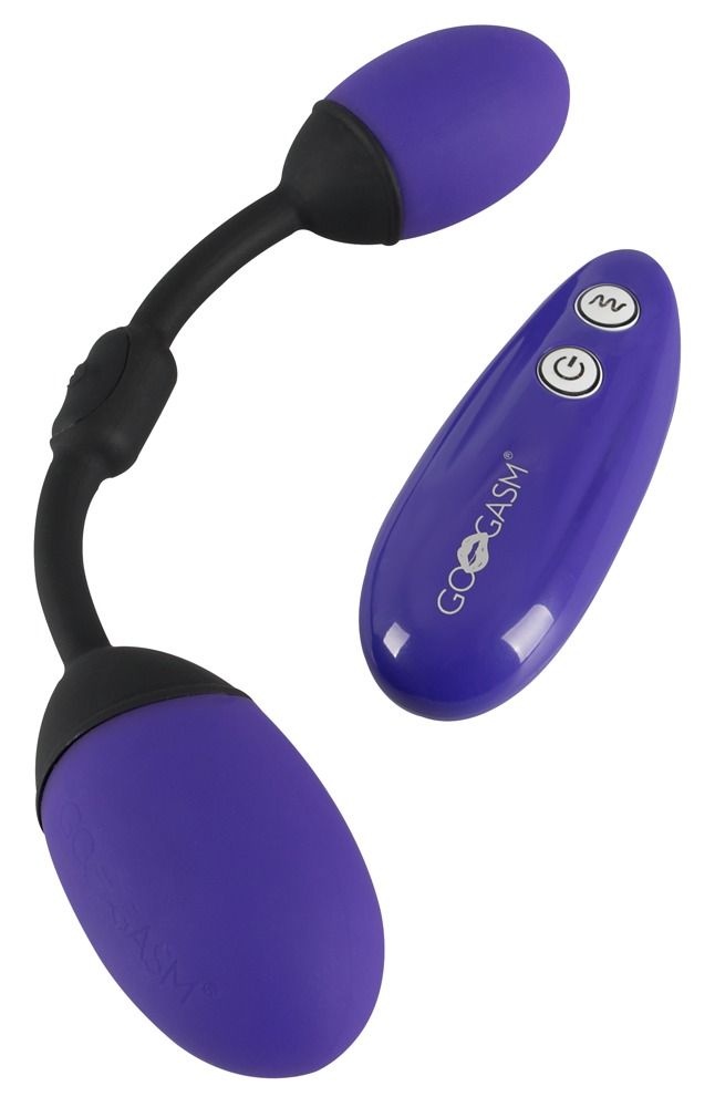 Paarse dubbele bullet vibrator met afstandsbediening. Beide elementen zijn eivormig.