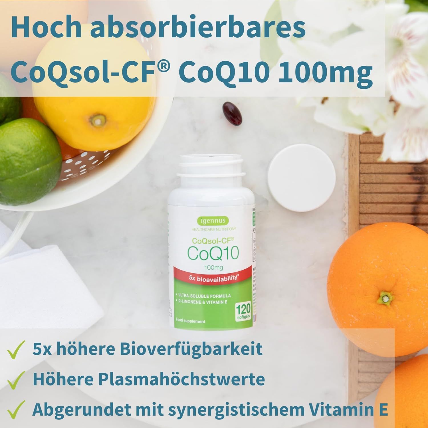 Flacon de produit à côté de fruits. Texte : CoQsol-CF CoQ10 100mg hautement absorbable. 5x biodisponibilité.